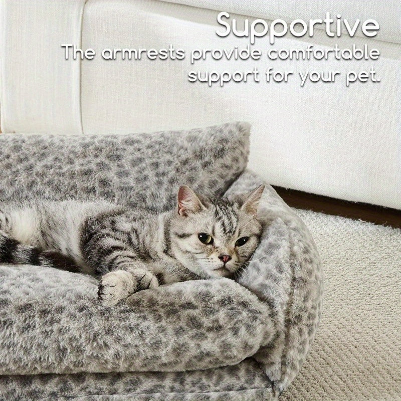 Fluffy Plush Cat Bed with a Multifunctional Double-Layer Design, Soft Orthopedic Sofa Nest for Small Cats And Dogs, Featuring a Snow Leopard Pattern, Measuring 21X15X8 Inches.