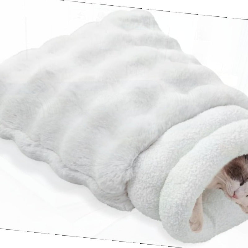 4-in-1 Self-Warming Plush Cat Bed & Cave - 21x17 Inch Cozy Sleeping Bag for Small Pets up to 15 lbs, Portable Pet Bed for Cats, Puppies, Rabbits - White, Cat Furniture Bed, Semienclosed Design, Fluffy Interior, Rabbit Lovers