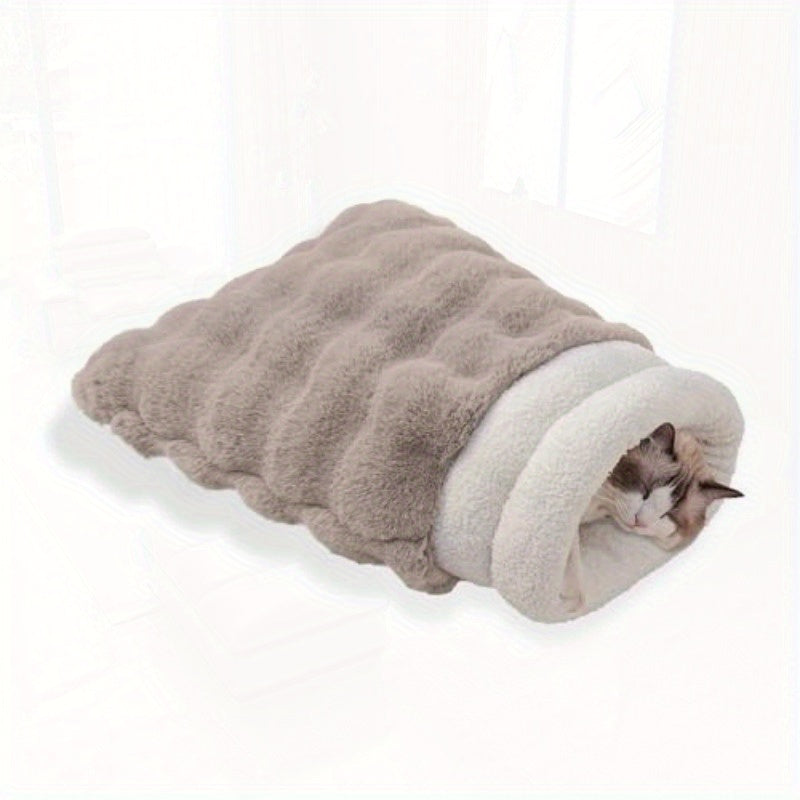 4-in-1 Self-Warming Plush Cat Bed & Cave - 21x17 Inch Cozy Sleeping Bag for Small Pets up to 15 lbs, Portable Pet Bed for Cats, Puppies, Rabbits - White, Cat Furniture Bed, Semienclosed Design, Fluffy Interior, Rabbit Lovers