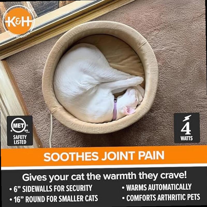 K H Pet Products Thermo Kitty Bed Heated Cat Beds for Indoor Cats Dogs Calming Warming Pillow Pet Bed Machine Washable Removable Heater Safety Listed Small 16 Round Mocha Tan