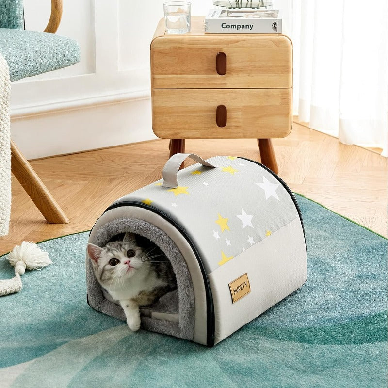 Cozy 2-in-1 Small Pet House with Removable Washable Cushion & Dome Roof - Spacious Cave-Style Sleeping Nest for Cats & Dogs up to 5.5 lbs, Soft Warm Bedding, Durable S Size (15\