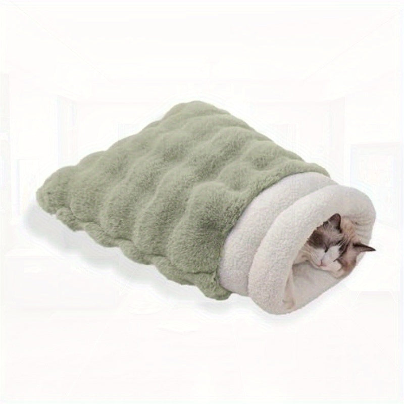 4-in-1 Self-Warming Plush Cat Bed & Cave - 21x17 Inch Cozy Sleeping Bag for Small Pets up to 15 lbs, Portable Pet Bed for Cats, Puppies, Rabbits - White, Cat Furniture Bed, Semienclosed Design, Fluffy Interior, Rabbit Lovers