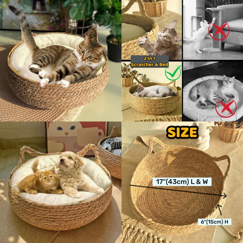 Natural Cat Bed Straw Nest Woven Pet House Handmade Braided Cattail Leaf with Soft Cushion 17 x 17 Inches
