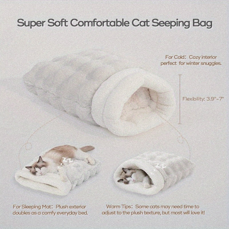 4-in-1 Self-Warming Plush Cat Bed & Cave - 21x17 Inch Cozy Sleeping Bag for Small Pets up to 15 lbs, Portable Pet Bed for Cats, Puppies, Rabbits - White, Cat Furniture Bed, Semienclosed Design, Fluffy Interior, Rabbit Lovers