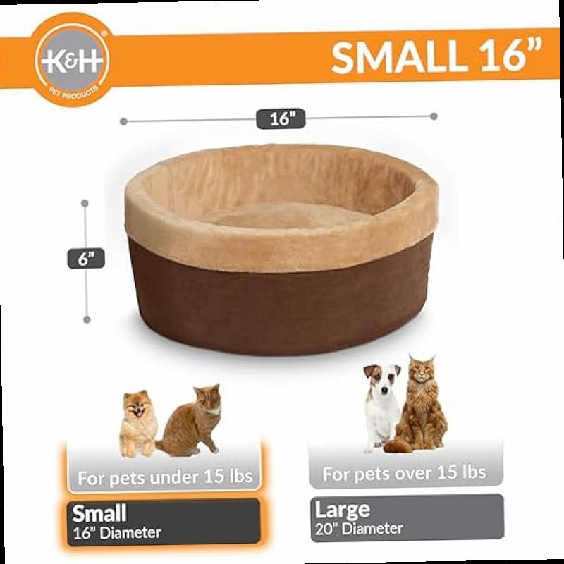 K H Pet Products Thermo Kitty Bed Heated Cat Beds for Indoor Cats Dogs Calming Warming Pillow Pet Bed Machine Washable Removable Heater Safety Listed Small 16 Round Mocha Tan
