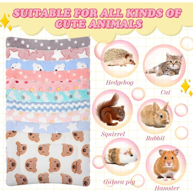 10pcs Soft Fleece Guinea Pig Bed Mats with Cleaning Dustpan Brush - 15x11 Inch Plush Animal Bedding for Small Dogs, Cats, Rats, Hedgehogs, Ferrets, Hamsters - Indoor Pet Bedding with Heart Bear Design, Pet Bedding, Playful Design, Durable Pet Bedding