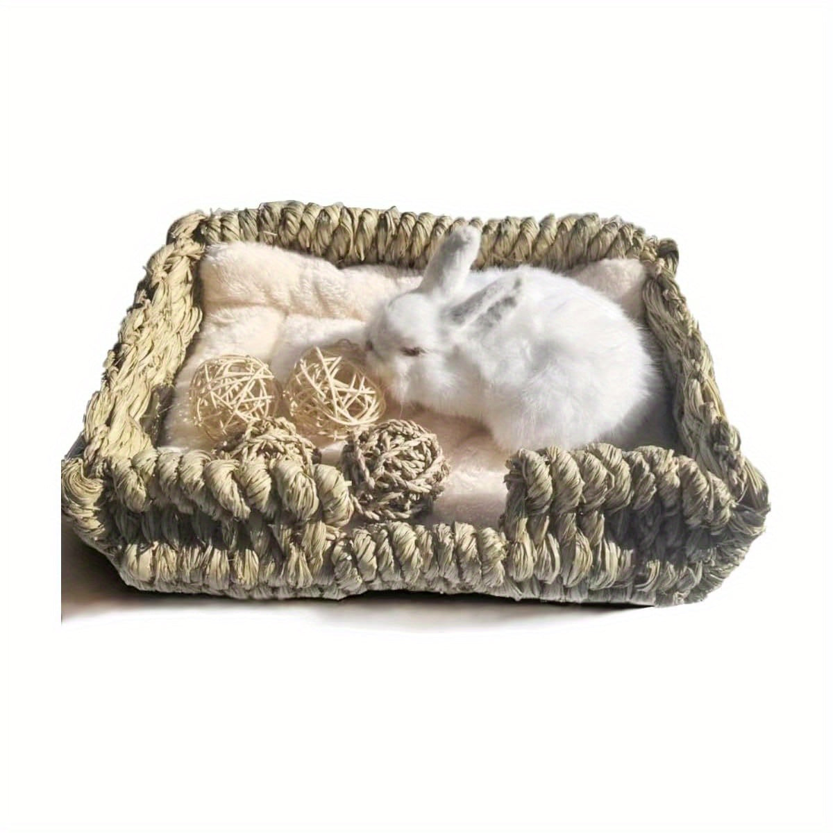 Natural Seaweed Pet Bed with Plush Cushion, 4 Woven Balls, Handmade Tetragonal Pet Basket, Cozy Indoor Den for Rabbits, Cats and Small Dogs