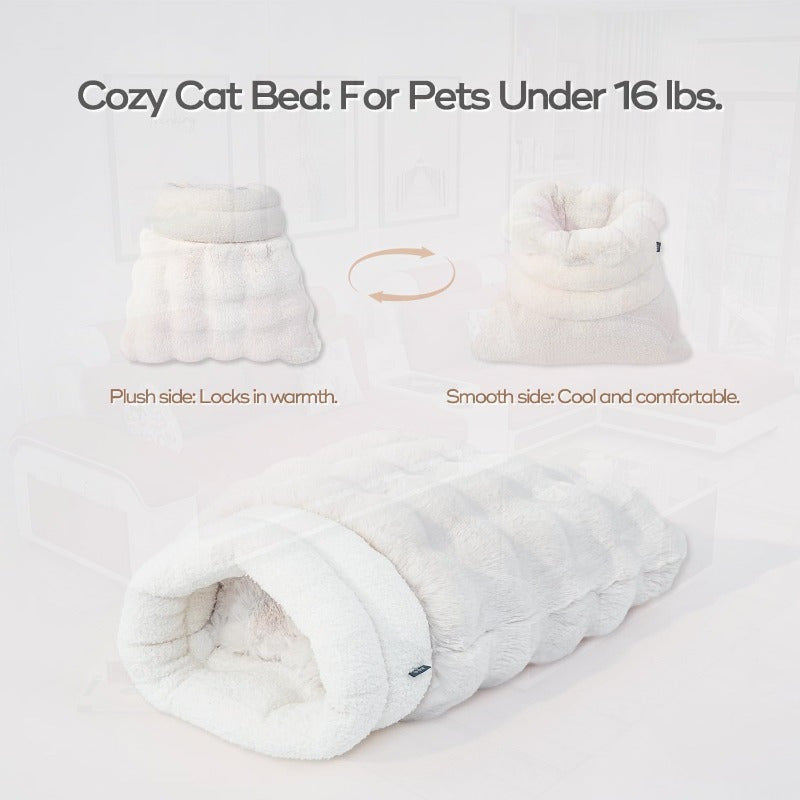 4-in-1 Self-Warming Plush Cat Bed & Cave - 21x17 Inch Cozy Sleeping Bag for Small Pets up to 15 lbs, Portable Pet Bed for Cats, Puppies, Rabbits - White, Cat Furniture Bed, Semienclosed Design, Fluffy Interior, Rabbit Lovers